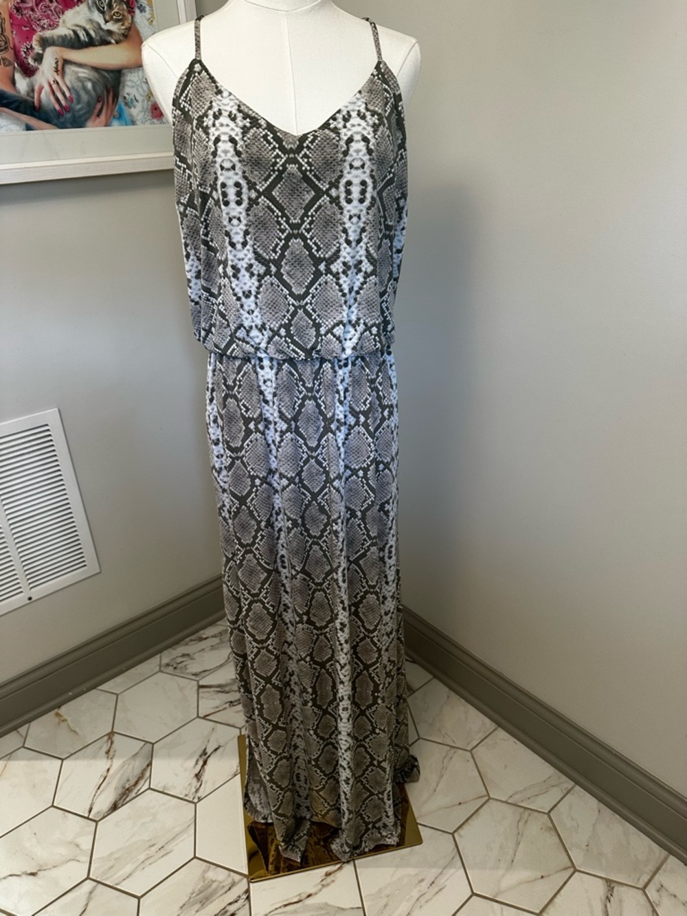 Vince Camuto Gray and Black Snake-Print Spaghetti Strap Maxi Dress